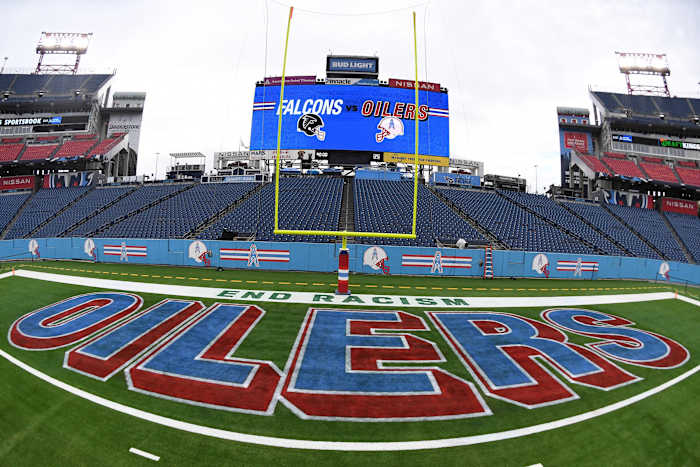 View of Nissan Stadium with throwback Houston Oilers field paint before the game against the Atlanta Falcons.